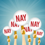 Illustration of six hands holding up signs that say Nay!