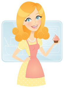 Illustration of a blonde woman in a yellow polka dotted dress with a pink apron holding a cupcake with pink frosting.