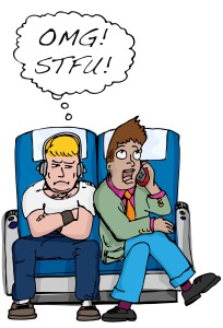 Frustrated muscular man with thought balloon sits next to loud man on mobile telephone. Thought bubble says, "OMG! STFU!"