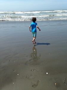 Photograph of a young boy (Zoo Keeper)running into the waves on a beach. 