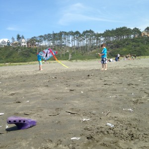 Photograph of two young boys on a beach seriously mangling the string on a kite in an effort to get it back in the air. There's a purple Croc in the foreground that belongs to BamBam.