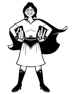 Black and white drawing of a woman dressed in a superhero costume carrying several books under each arm.
