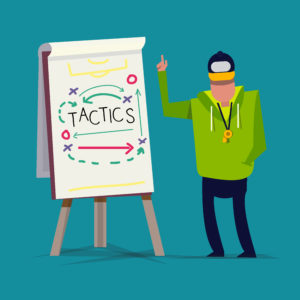 Illustration of a man with a whistle pointing to arrows, exes, and ohs on a flip chart.