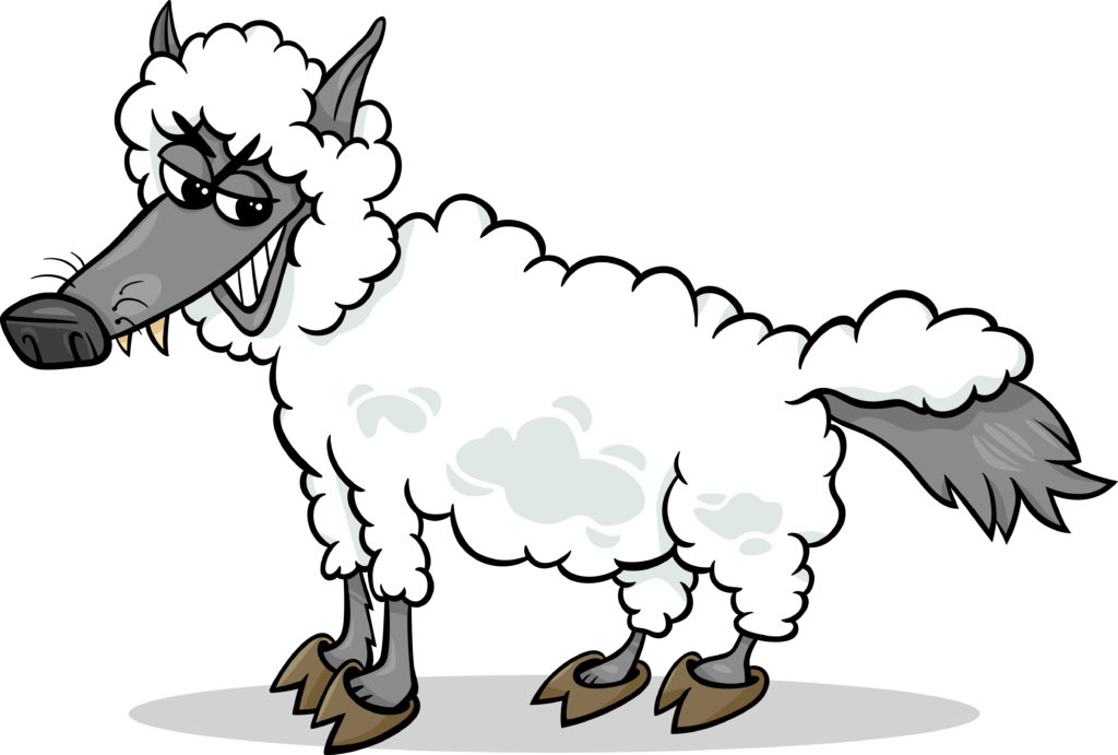Illustration of a smiling wolf wearing a sheep costume. 